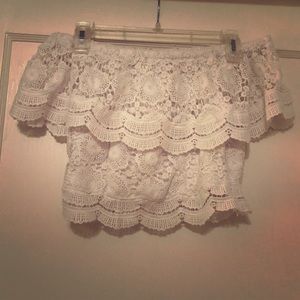 White lace off the shoulder crop top.